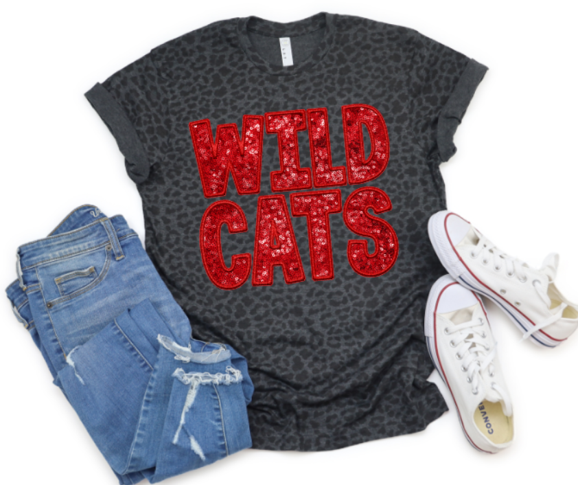 Red Sequin Wildcats black leopard tee